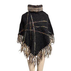 Handcrafted Italian Wool Blend Poncho With Fringe and High Neckline